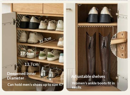 Oak Solid Wood Large Capacity Shoe Storage Cabinet with Fluted Panel Doors and Adjustable Shelves