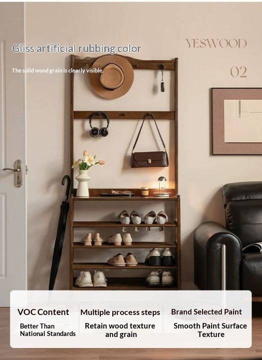 Solid RubberWood Modern Entryway Shoe Rack with Top Shelf and Hooks