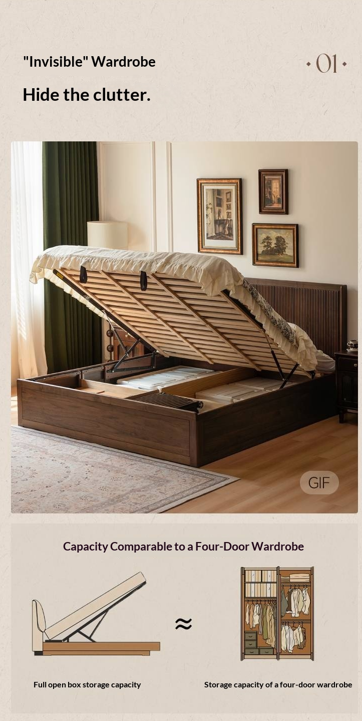 Black Walnut Solid Wood Italian Light Luxury Retro Storage Box Bed