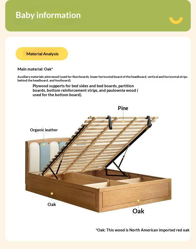 Oak Solid Wood Kids Bed with Adjustable Channel-Tufted Headboard and Gas-Lift Storage