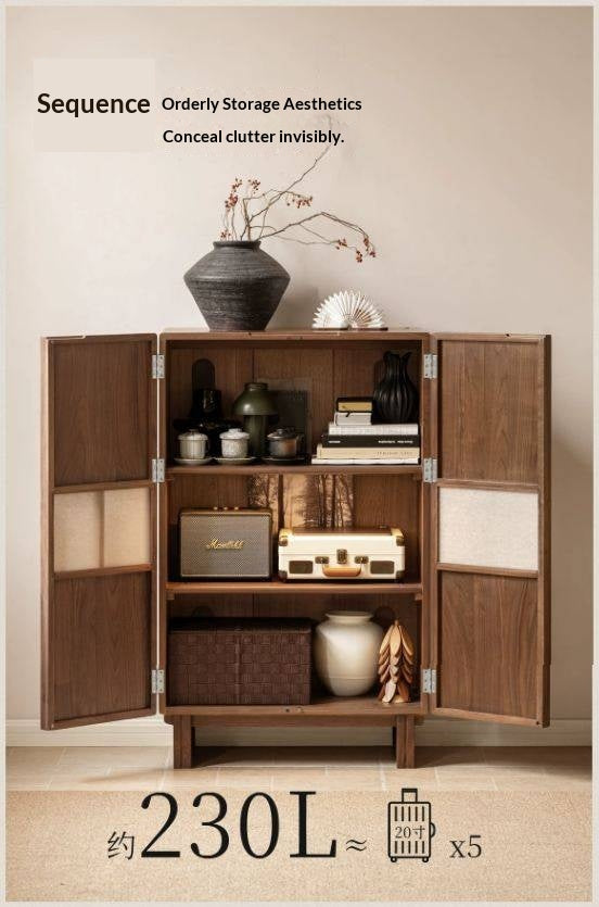 Black Walnut Solid Wood Lattice Door Side Cabinet with LED Lighting