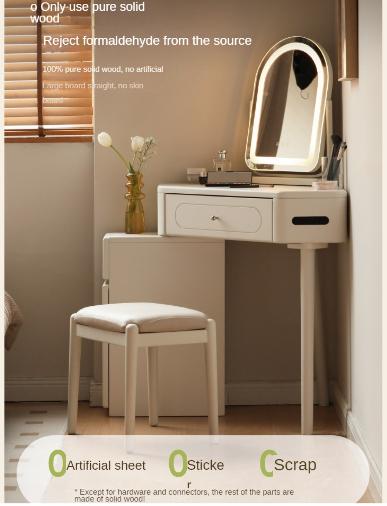 Tulipwood Solid Wood Corner White Vanity Table.