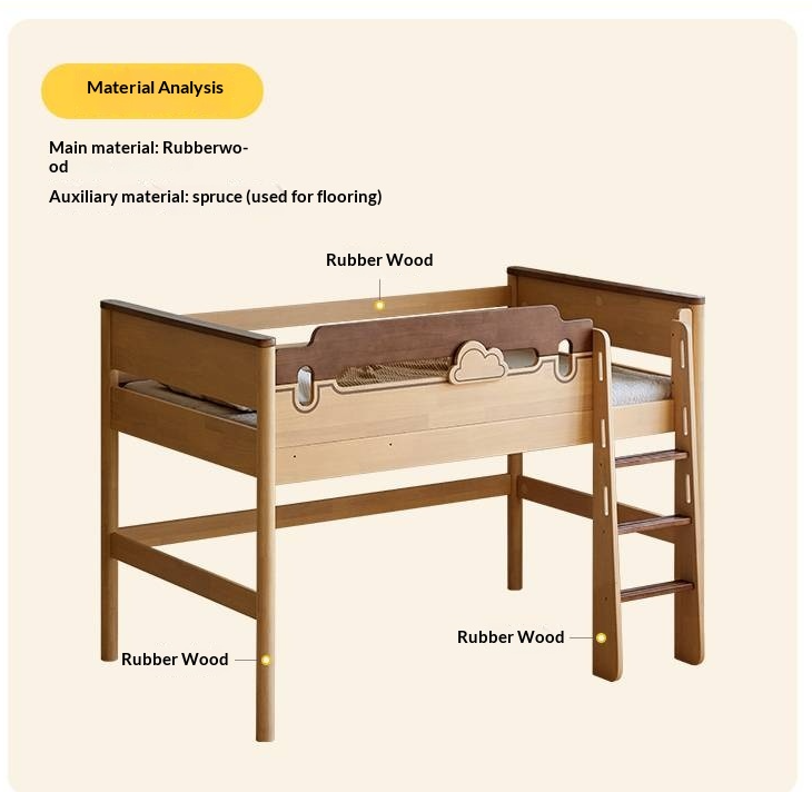 Rubberwood Solid Wood Children's Loft Bed with Under-Bed Cabinets