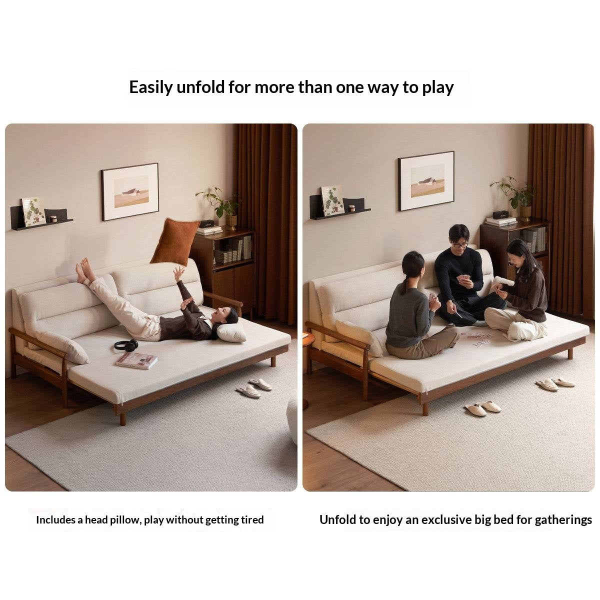 Oak Solid Wood Wood Frame Sleeper Sofa with Reclining Backrest