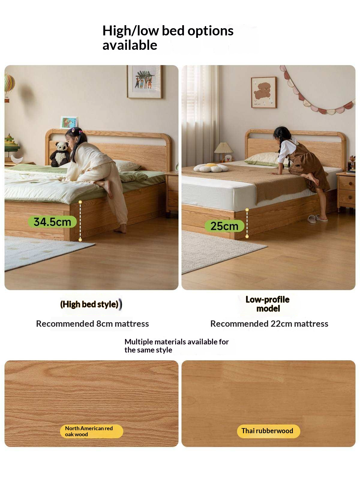 Oak, Rubberwood Solid Wood Storage Bed with Adjustable Height and Gas Lift