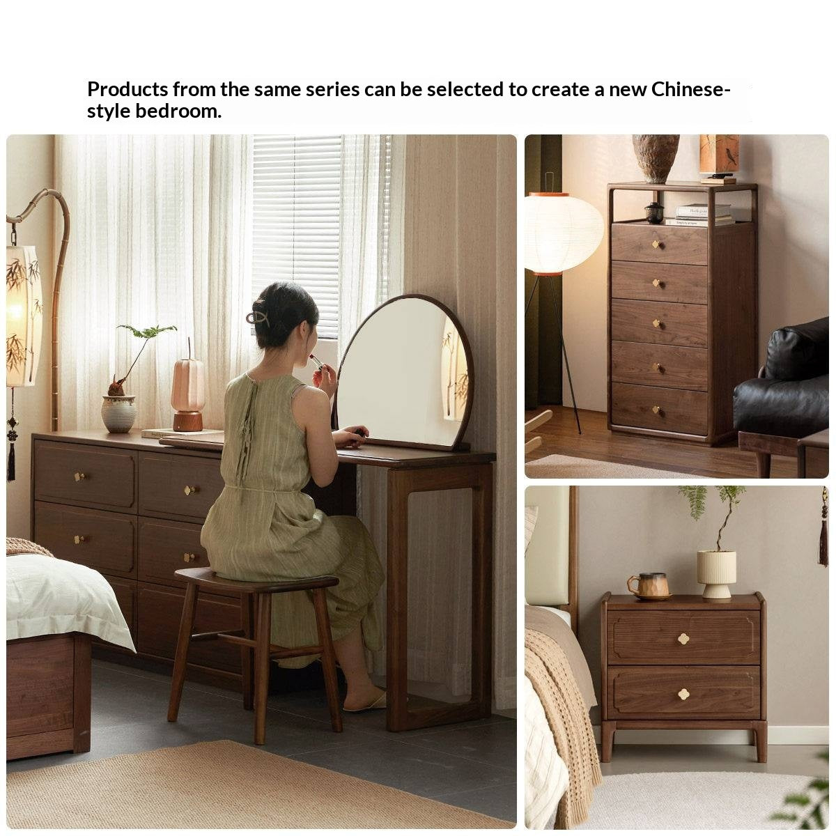 Black Walnut Solid Wood Dresser and Vanity Combo with Pull-Out Mirror Desk