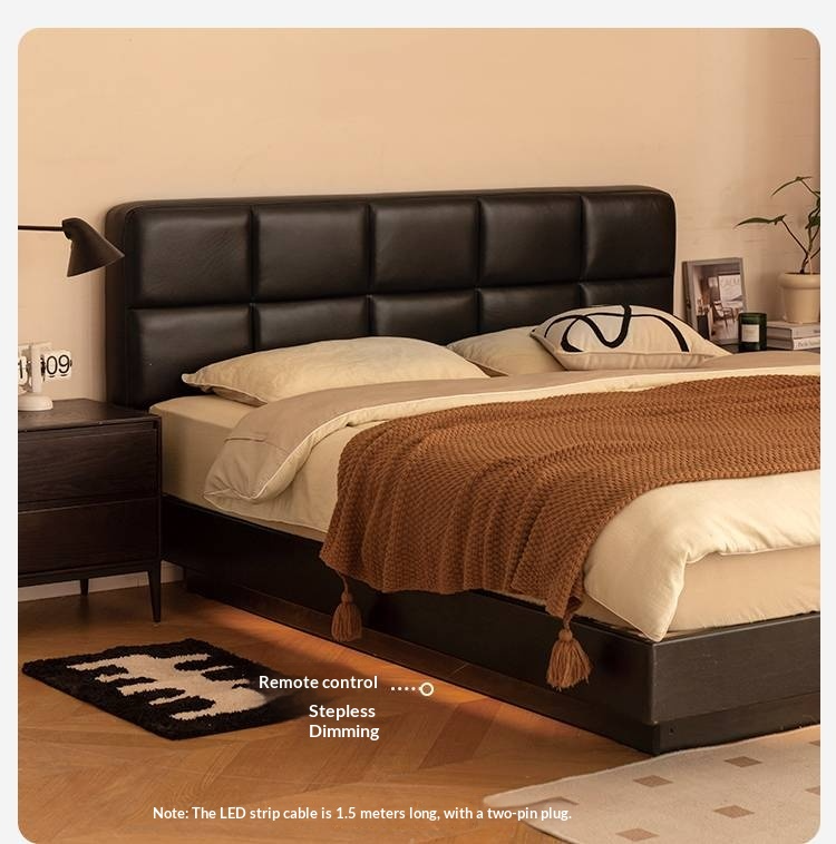 Oak Solid Wood Genuine Leather Upholstered Box Bed Retro Black Floating Bed
