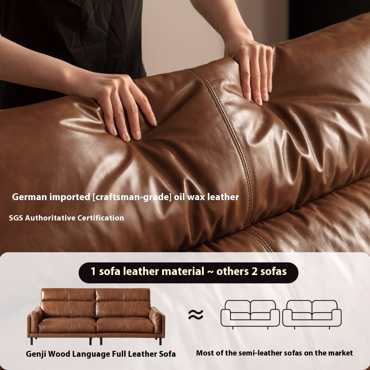 Full Leather High-Back Sofa with Oil-Wax Finish Italian-Style