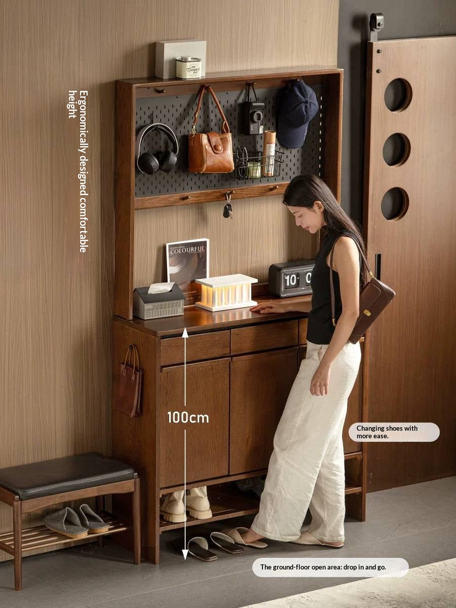 Oak Solid Wood Large Entryway Shoe Cabinet with Pegboard Hutch and Drawers, Walnut Finish