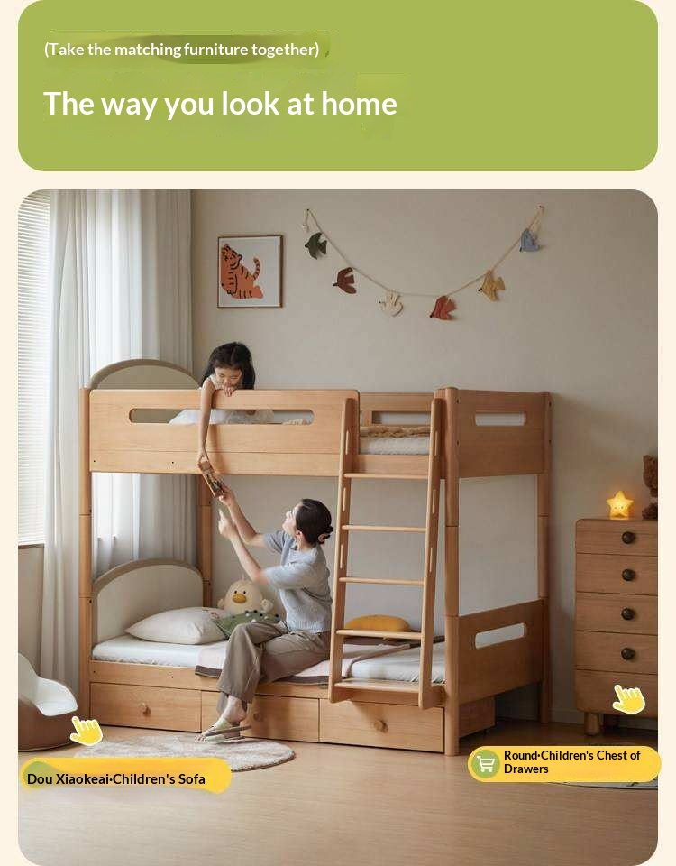 Beech Solid Wood Compact Bunk Bed, Suitable for Adults and Children