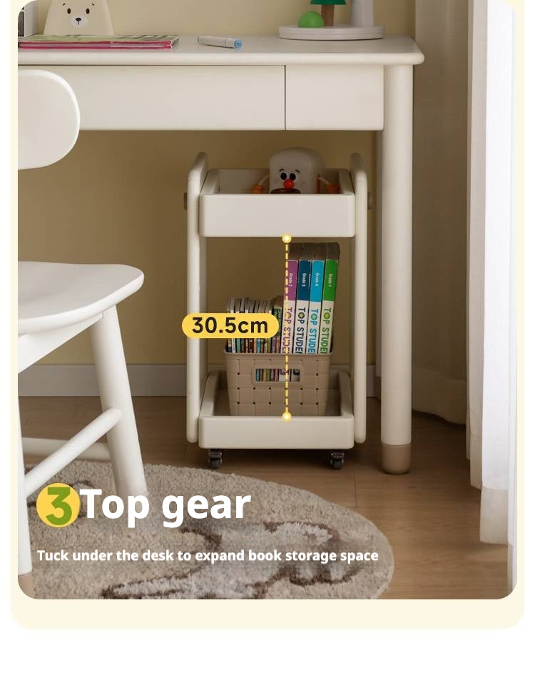 Rubber Solid Wood White Cream Style Under-Desk Movable Storage Rack.