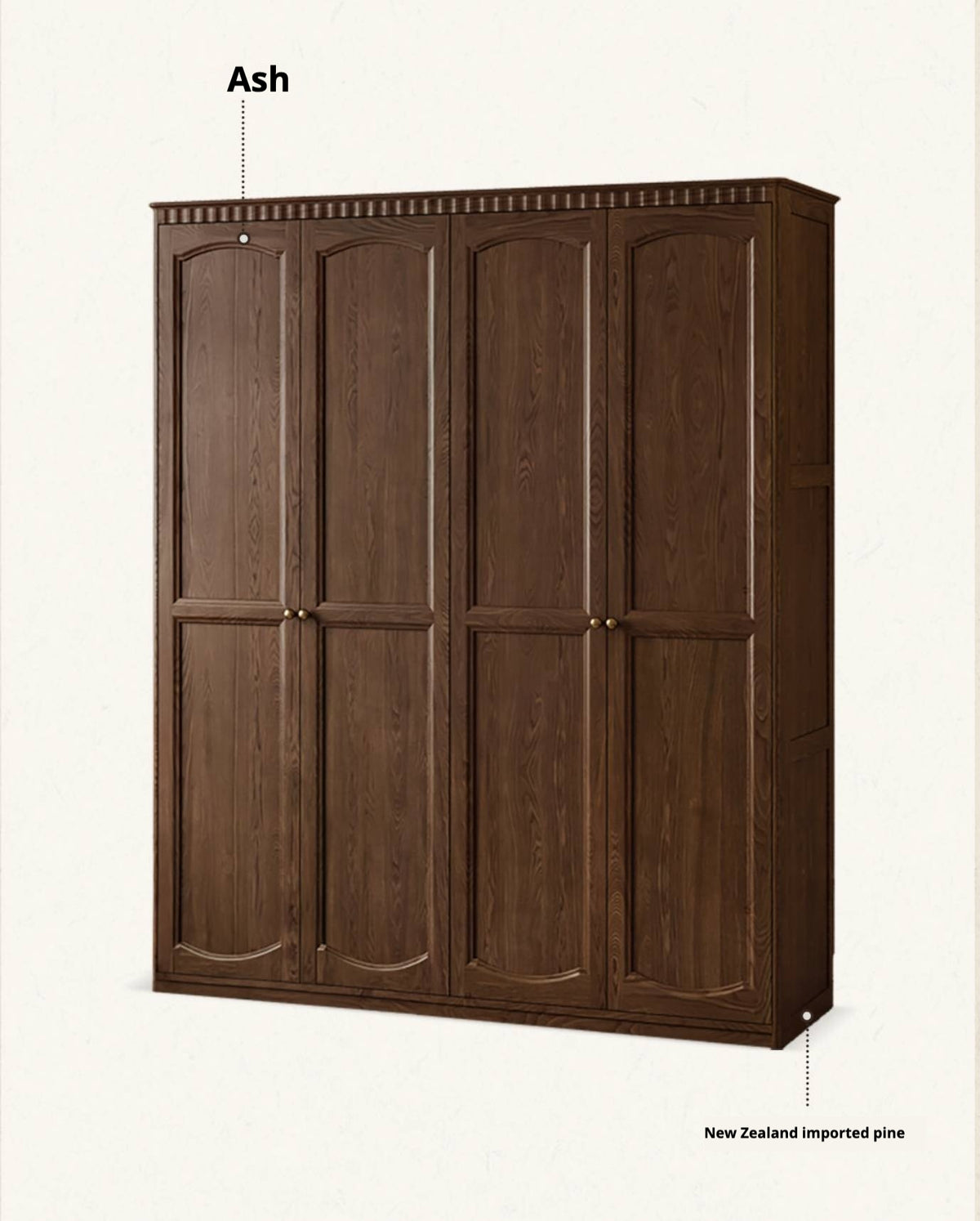 Ash Solid Wood Traditional 4-Door Armoire with Raised Panel Doors and Crown Molding