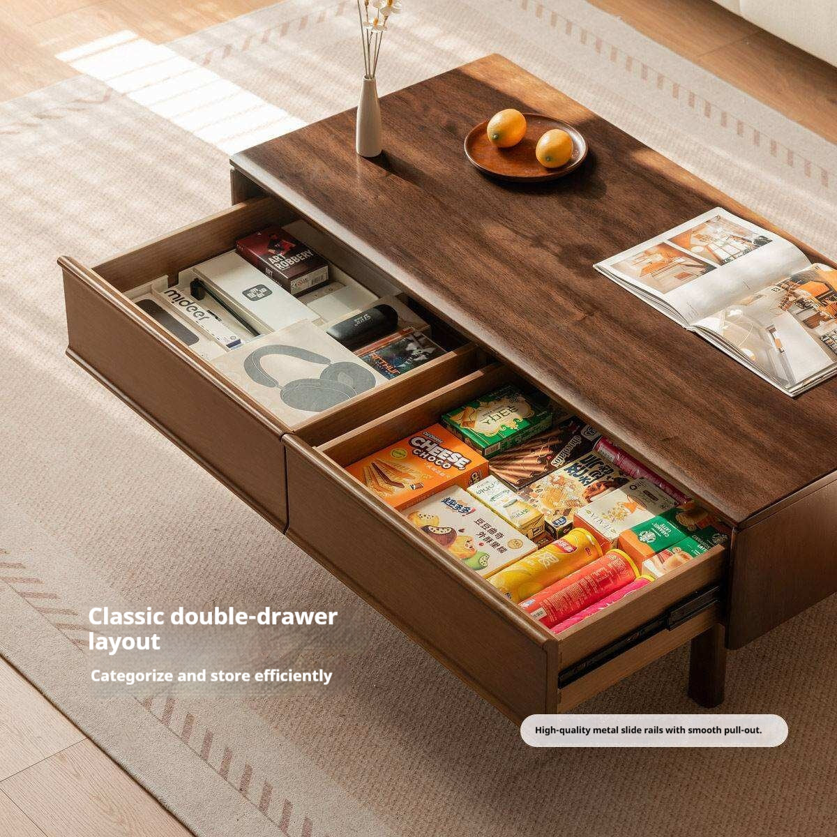 Solid Longan Hardwood Rectangular Coffee Table with Storage