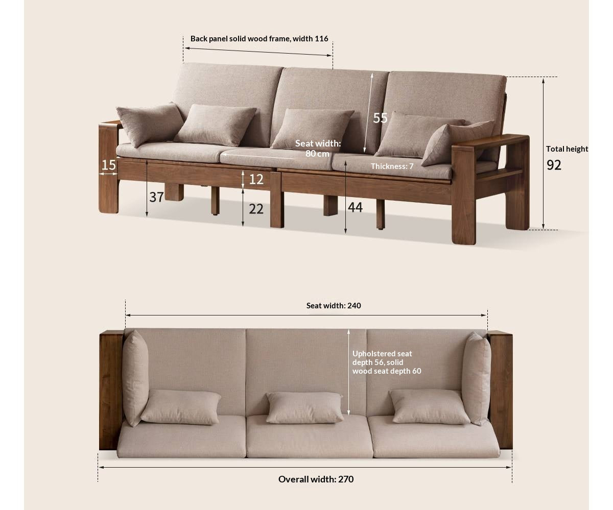 Black Walnut, Sandalwood Solid Wood Fabric Sofa with Raised Legs, Winter/Summer Use
