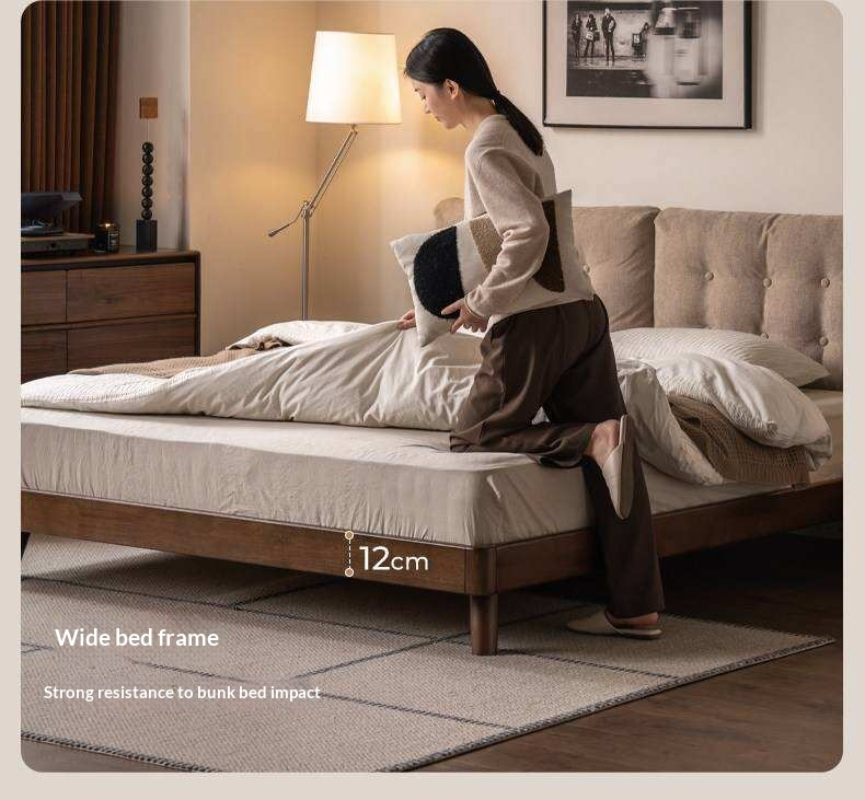 Rubberwood Solid Wood Bed with Oversized Soft Pillow Headboard
