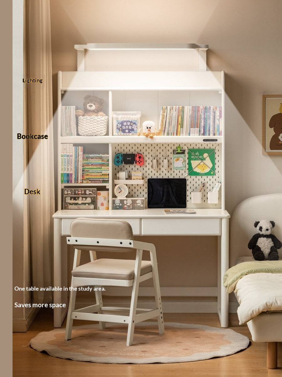 Solid RubberWood Cream Style Bookshelf Integrated Kids Table