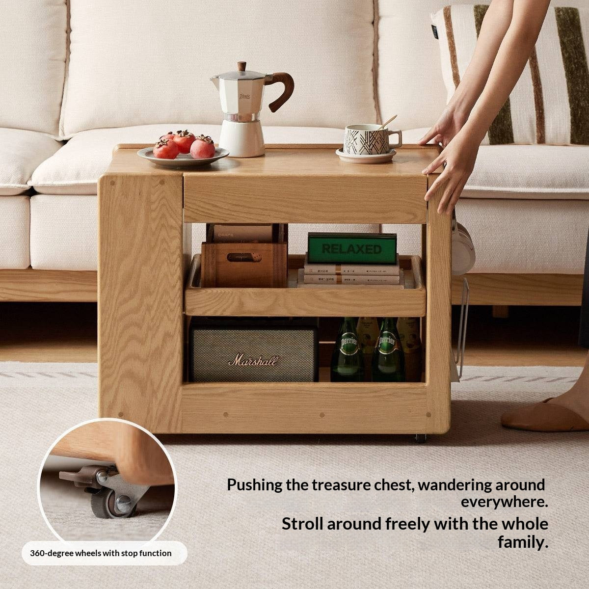 Oak Solid Wood Side Table with Mobile Trolley and Storage Functionality
