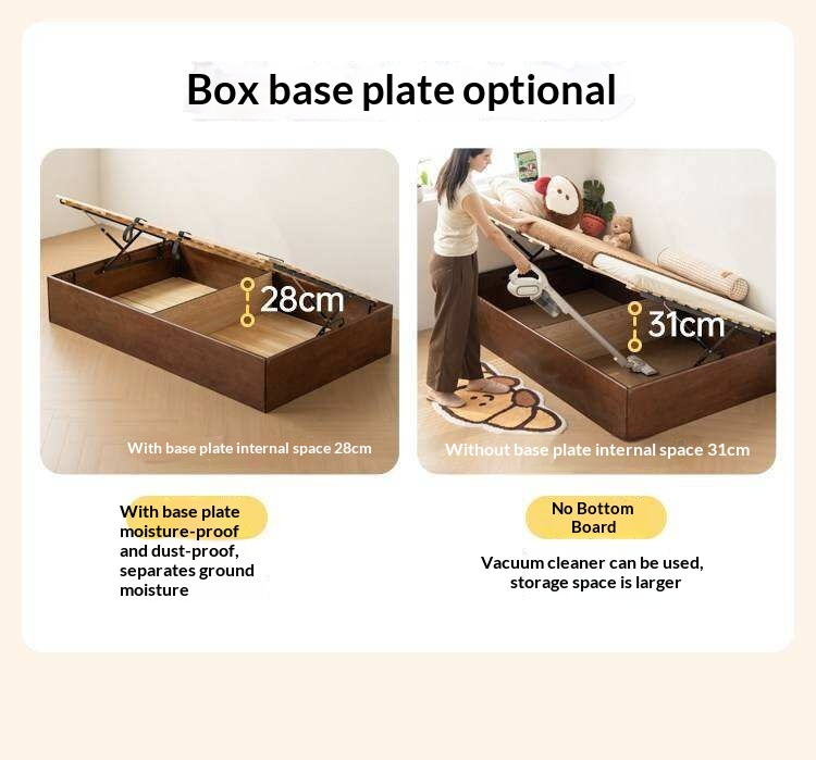 Rubberwood Solid Wood Storage Bed with No Headboard and Side-Opening Lid