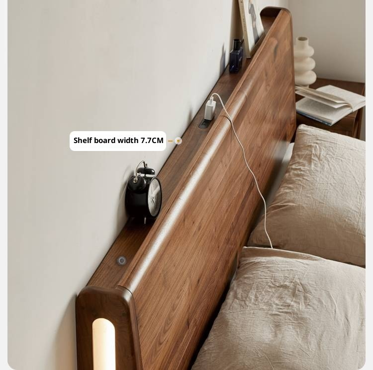 Black Walnut Solid Wood suspended bed with Ambient LED Headboard Lighting