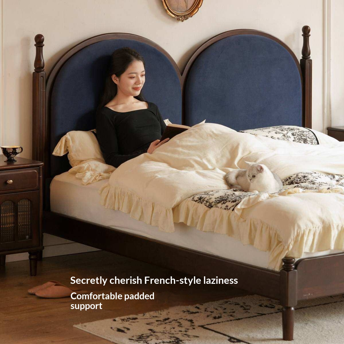 Poplar Solid Wood Bed with Double Arched Upholstered Headboard and Turned Wood Posts