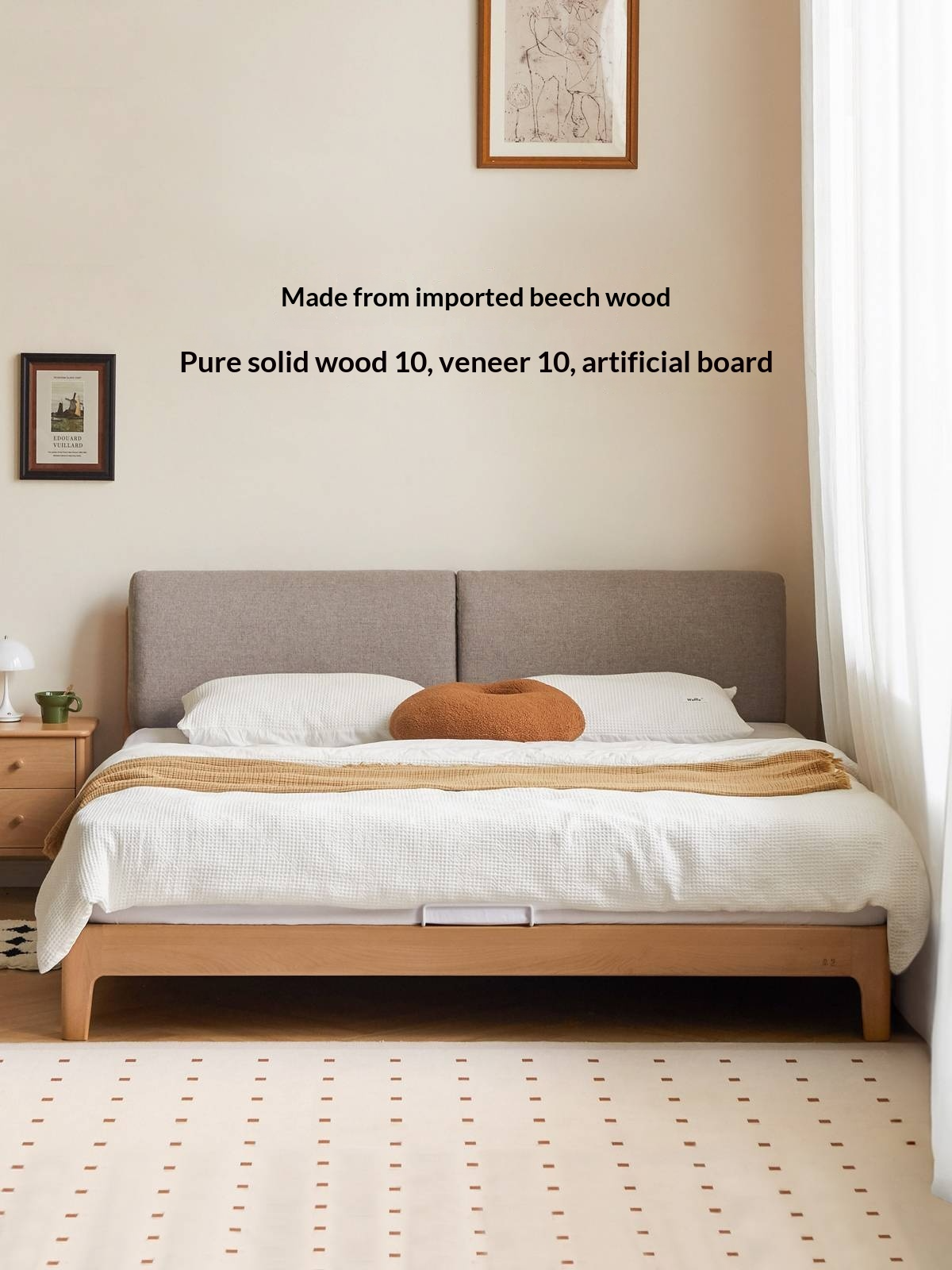 Beech Solid Wood Upholstered King Bed — Soft Headboard with Fabric Upholstery