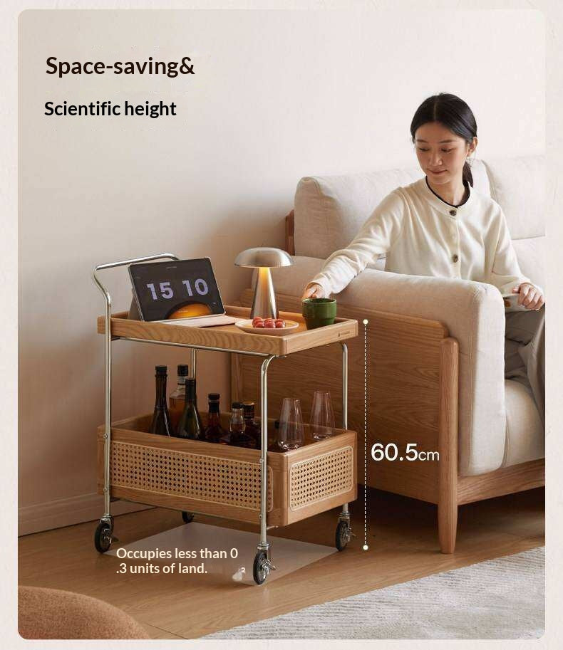 Oak Solid Wood Side Table with Double Layer Storage and Rattan Accents, Mobile