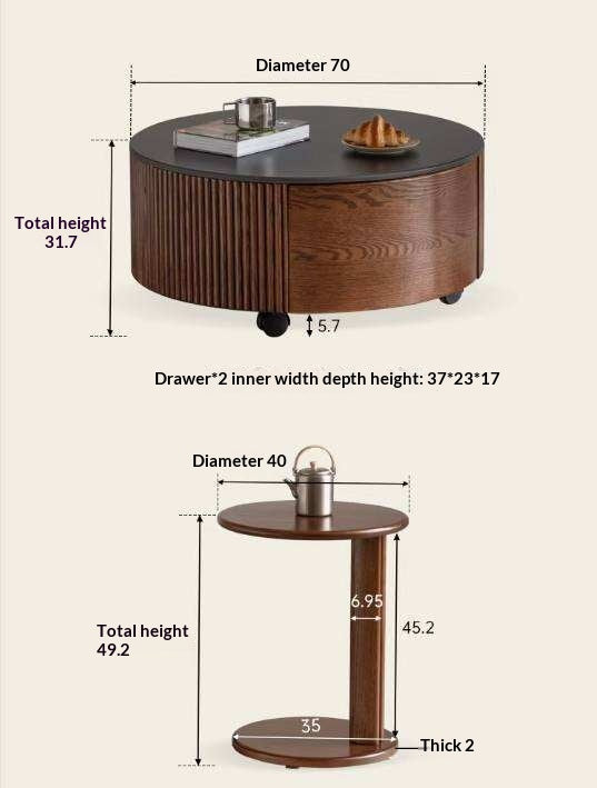 Oak Solid Wood Coffee Table with Layered Round Design and Rock Top