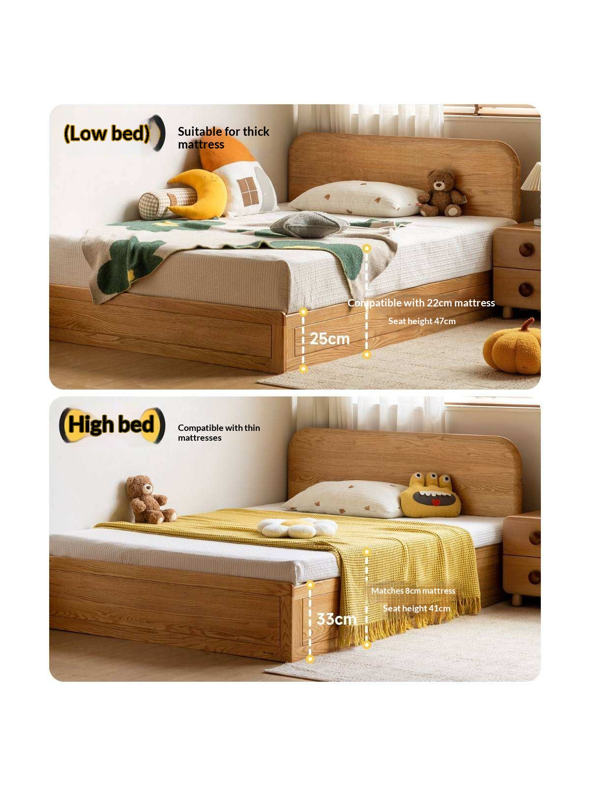 Oak Solid Wood Kids Storage Bed with End-Lift Opening