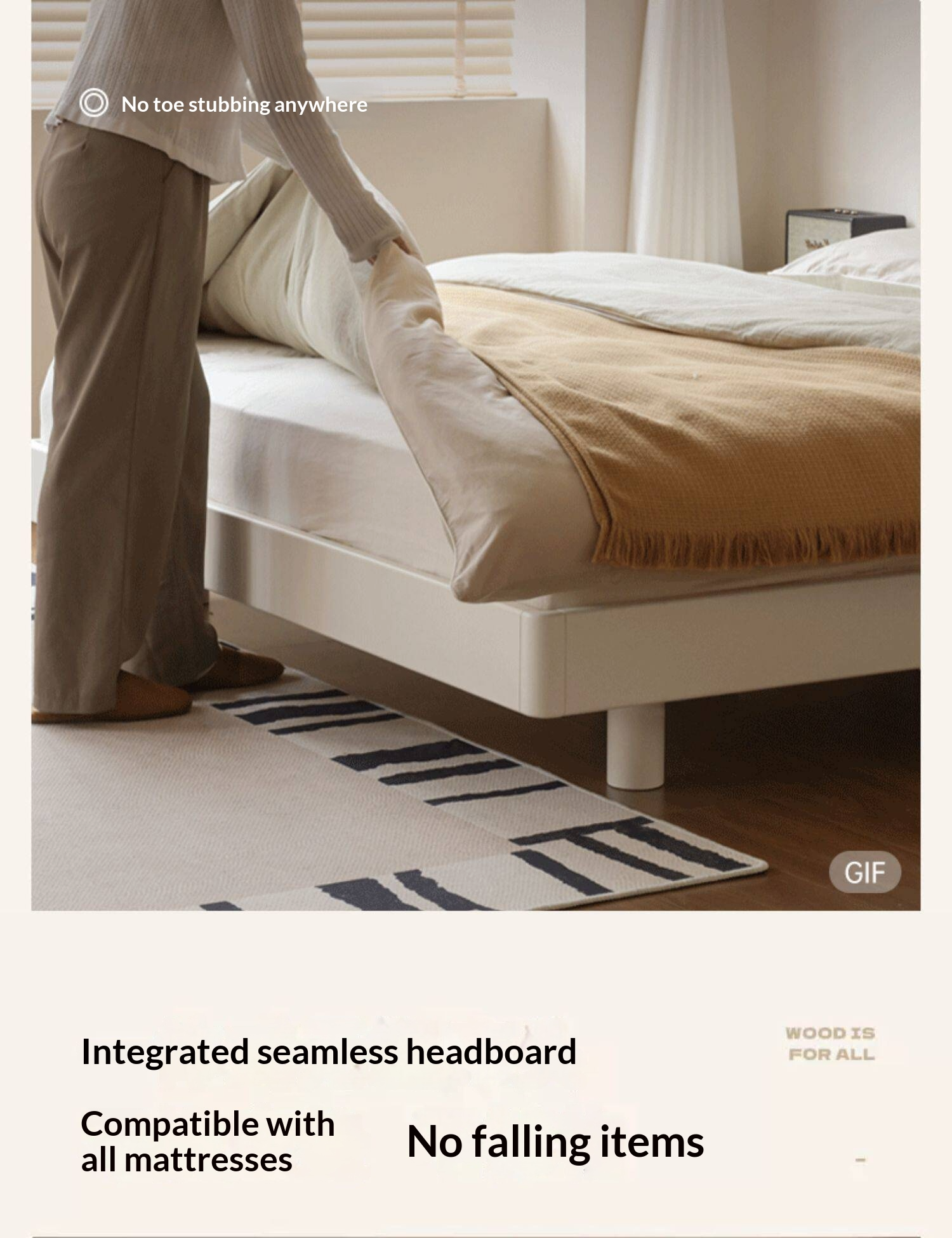 Oak,Rubber Wood Solid Wood Cream Suspended Genuine Leather Technology Fabric Soft Wrapped Bed