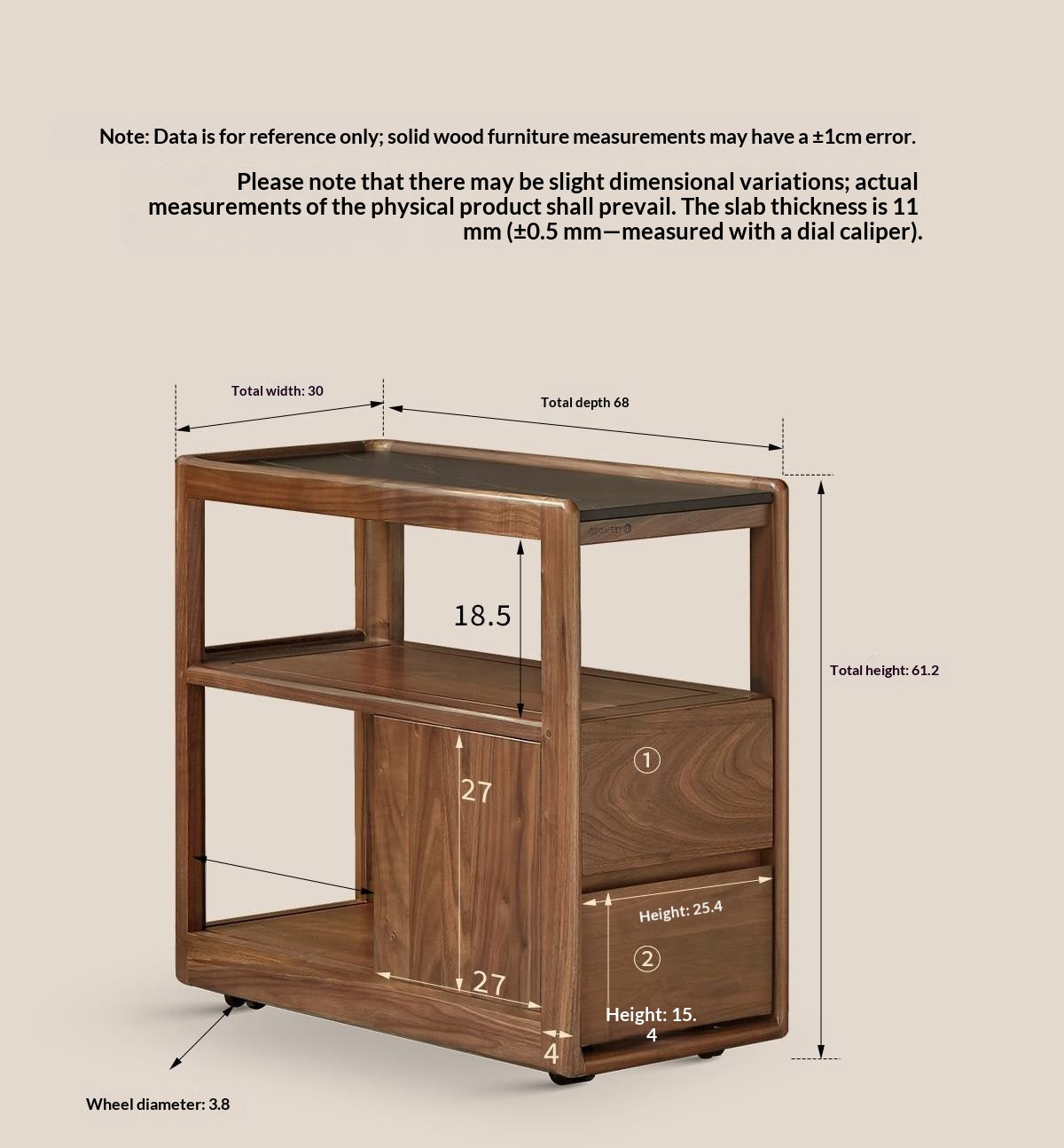 Black Walnut, Sandalwood, Oak, Ash Rolling Side Table with Stone Top and Open Storage Shelves