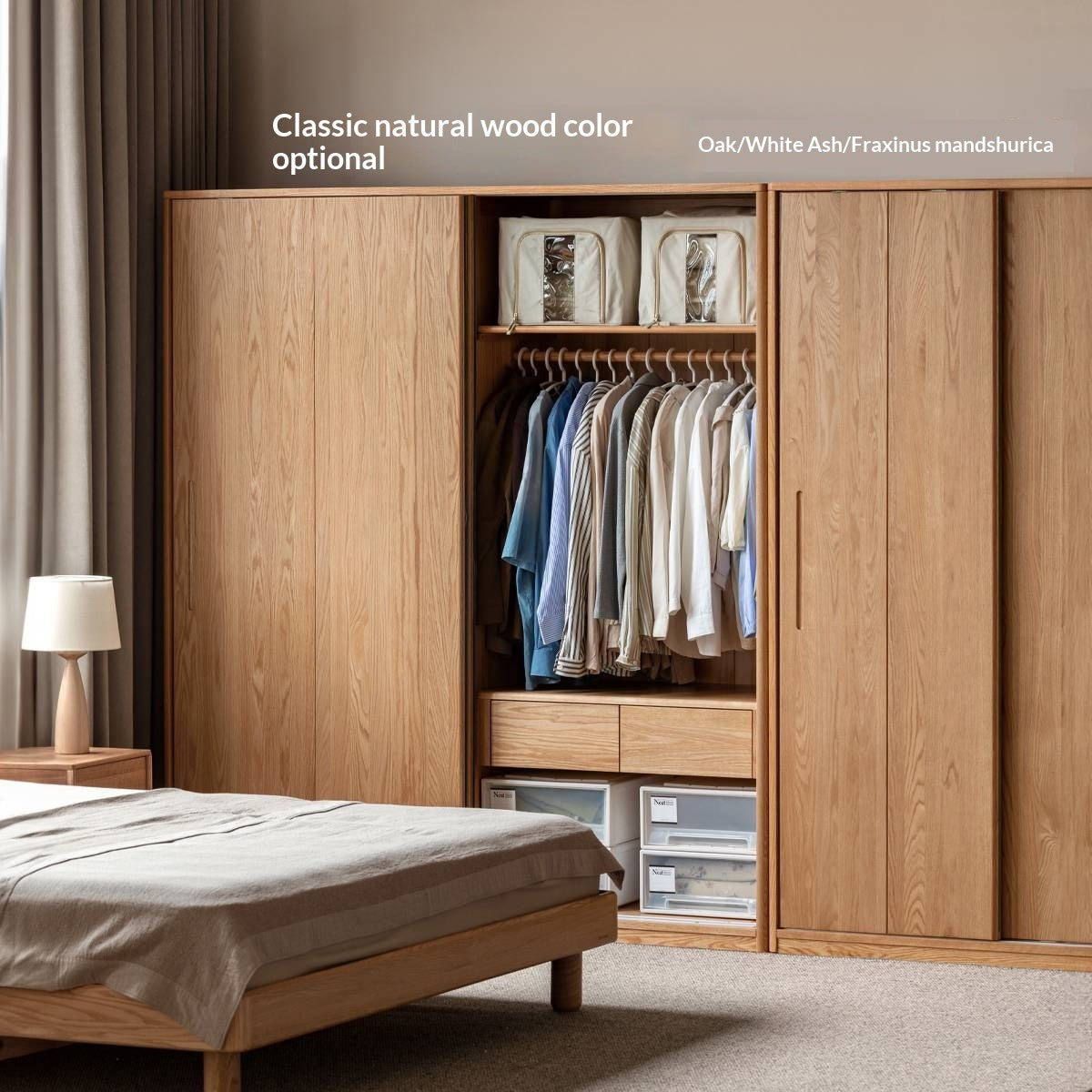 White Ash, Ash, Oak Solid Wood Wardrobe With Sliding Doors