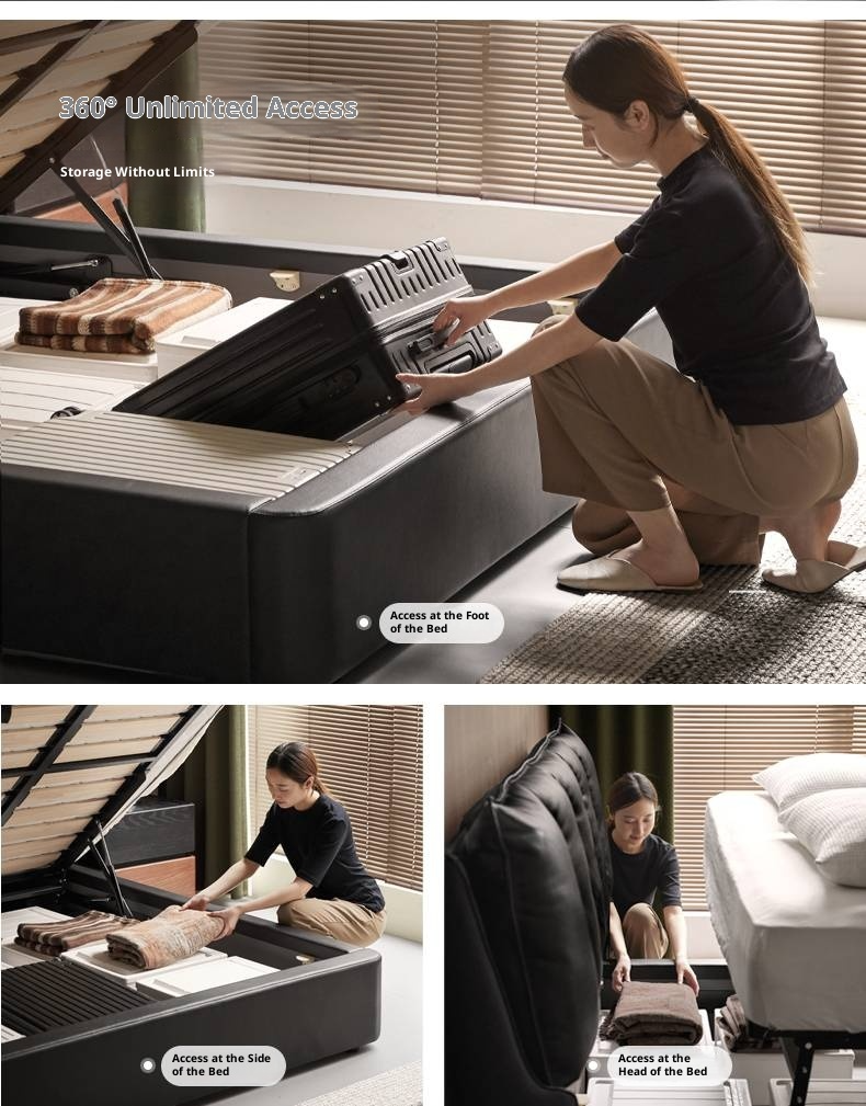 Genuine Leather Black Light Luxury Box Bed