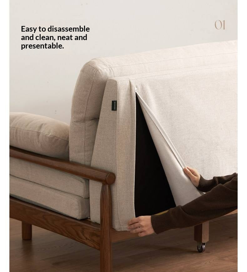 Oak Solid Wood Wood Frame Sleeper Sofa with Reclining Backrest