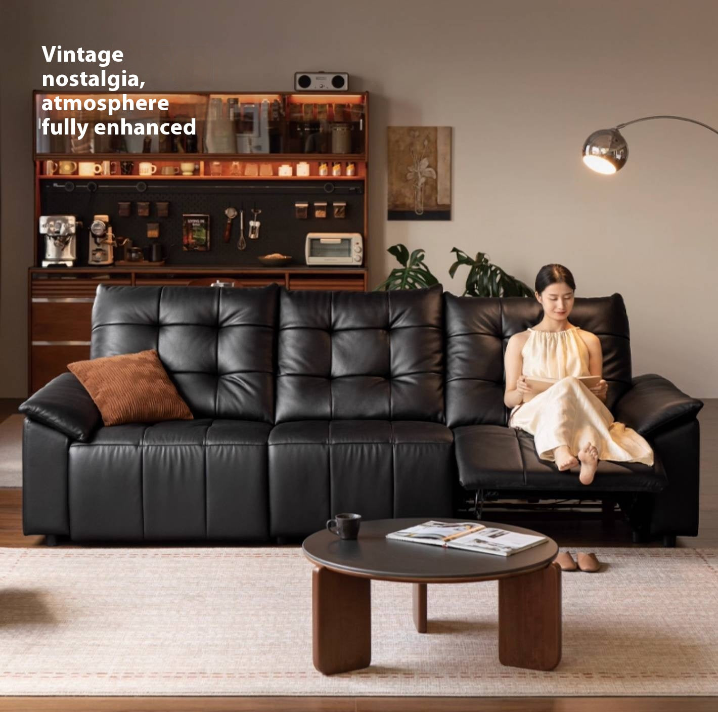 Pine Solid Wood Big Black Functional Leather Sofa