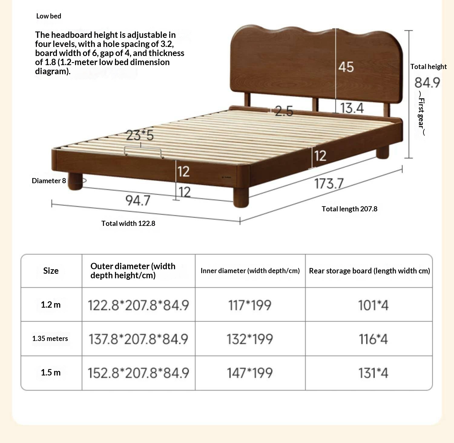 Rubberwood Solid Wood Low Kids Bed with Removable Legs and Adjustable Headboard Height