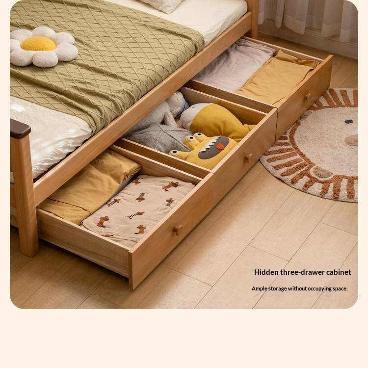 Beech Solid Wood Kids Bed with Bookcase Headboard and Pull-Out Trundle