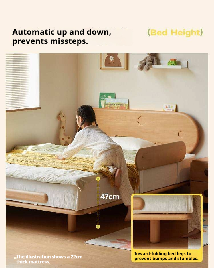 Beech Solid Wood Kids Floating Bed with Night Light and Optional Guardrails