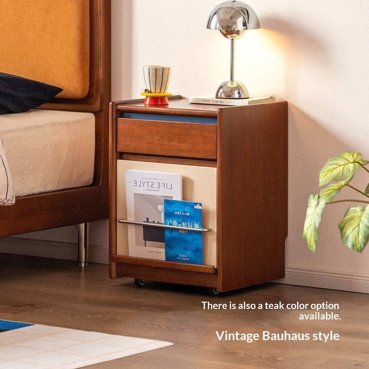 Cherry Solid Wood Nightstand with Storage Drawer and Magazine Holder with Wheels
