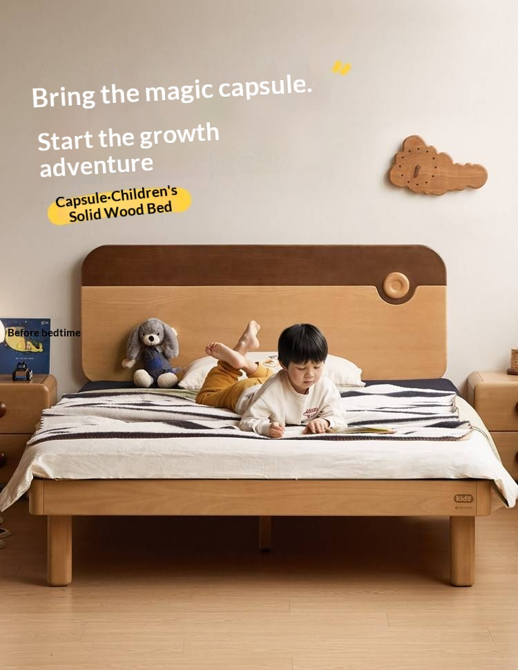 Beech Solid Wood Kids Montessori Platform Bed with Adjustable Headboard