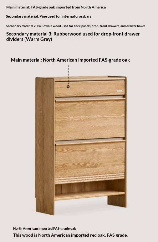 Oak Solid Wood Slim Entryway Shoe Cabinet with Tilt-Out Compartments and Drawers