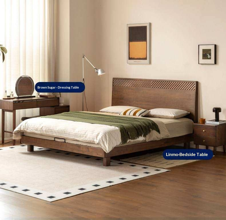 Black Walnut Solid Wood Platform Bed with Grooved Panel Headboard Accent