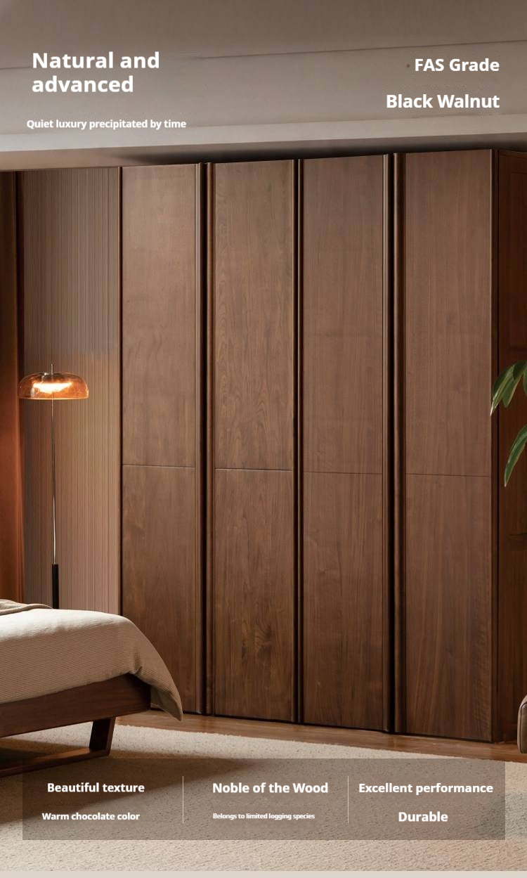 Black Walnut Solid Wood Wardrobe with Italian Light Luxury Style and Double Doors