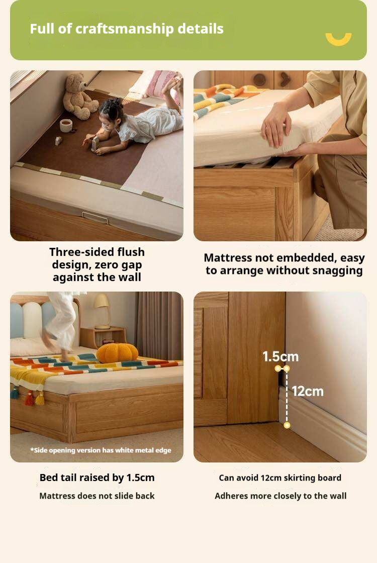 Oak Solid Wood Kids Bed with Adjustable Channel-Tufted Headboard and Gas-Lift Storage