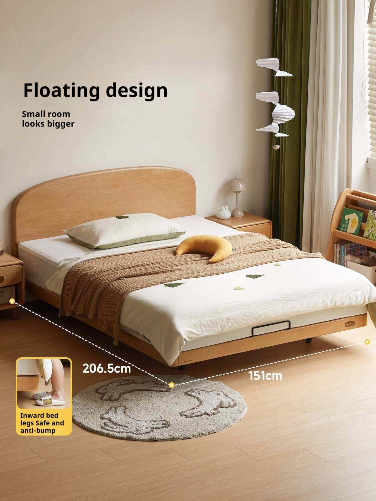 Beech Solid Wood Kids Platform Bed with Rounded Headboard