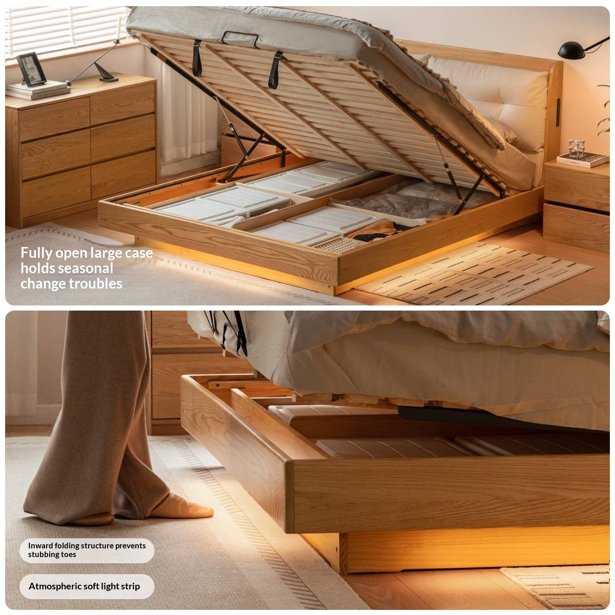 Oak Solid Wood Modern Leather Storage Bed, LED Lighting and USB Charging