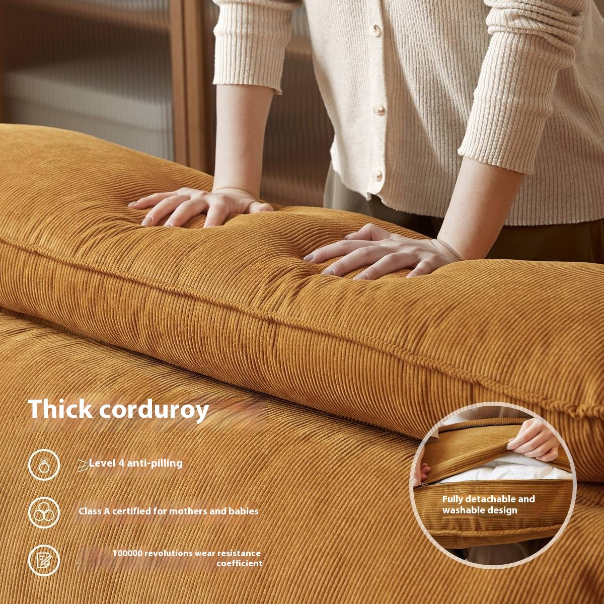 High-Back Corduroy Fabric Sofa with Removable Cover