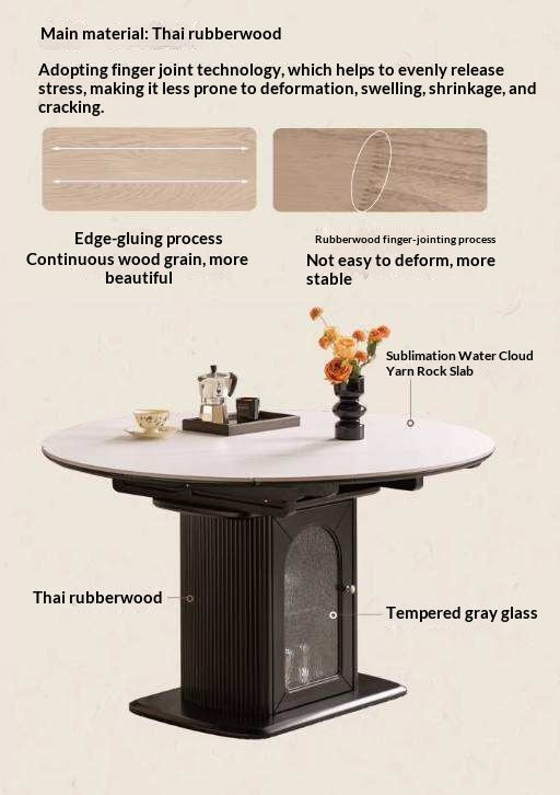 Rubberwood Solid Round Extendable Pedestal Dining Table with Stone Top and Storage Base