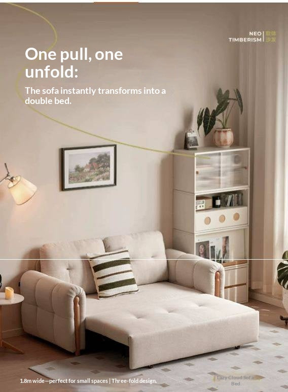 Beech Solid Wood Convertible Sofa Bed with Pull-Out Sleeper in Cream Faux Linen