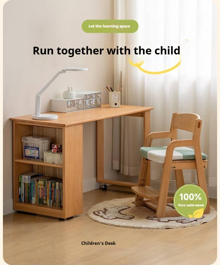 Beech, Solid Rubberwood Kids Desk with Pulleys Movable Storage