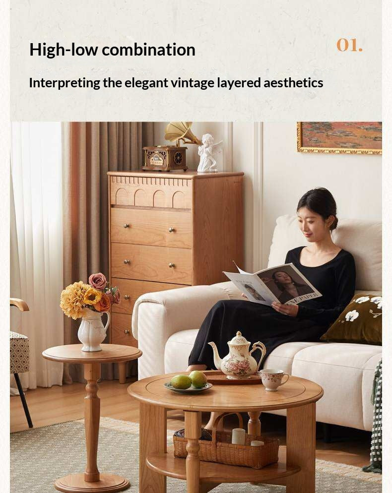 Cherry Solid Wood Coffee Table with French Retro Design